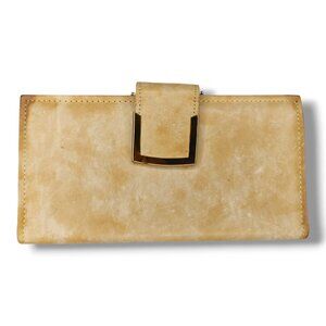 Vintage Crown Checkbook Wallet Beige Tan Cowhide Leather Kisslock Coin Pouch